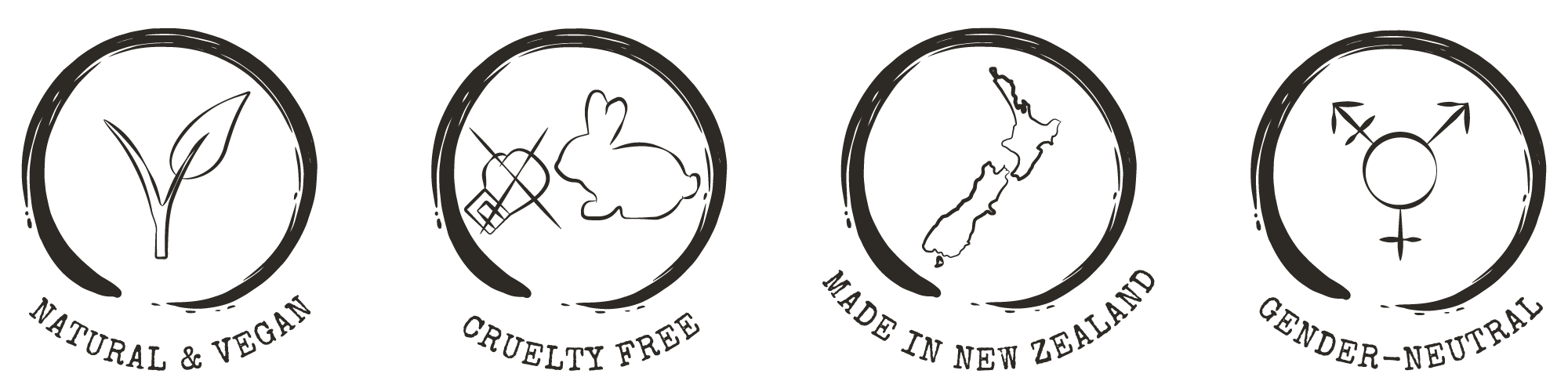 Group of symbols showing product is natural, vegan, cruelty free, made in New Zealand and gender neutral